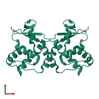 Homo dimeric assembly 1 of PDB entry 4u77 coloured by chemically distinct molecules, front view.