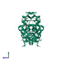 Homo dimeric assembly 1 of PDB entry 4u77 coloured by chemically distinct molecules, side view.