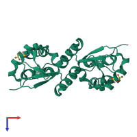 Homo dimeric assembly 1 of PDB entry 4u77 coloured by chemically distinct molecules, top view.