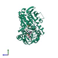 Monomeric assembly 1 of PDB entry 4uag coloured by chemically distinct molecules, side view.