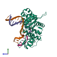 PDB entry 4ub2 coloured by chain, side view.