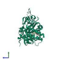 Monomeric assembly 2 of PDB entry 4uck coloured by chemically distinct molecules, side view.