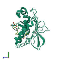 Monomeric assembly 1 of PDB entry 4urm coloured by chemically distinct molecules, side view.