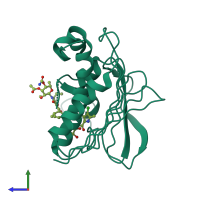 Monomeric assembly 3 of PDB entry 4urm coloured by chemically distinct molecules, side view.