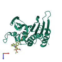 Monomeric assembly 4 of PDB entry 4urm coloured by chemically distinct molecules, top view.