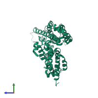 Homo dimeric assembly 2 of PDB entry 4usn coloured by chemically distinct molecules, side view.