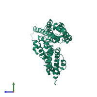 Homo dimeric assembly 6 of PDB entry 4usn coloured by chemically distinct molecules, side view.