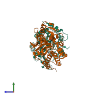 PDB entry 4ut3 coloured by chain, side view.