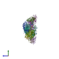 PDB entry 4ut9 coloured by chain, side view.