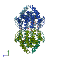 PDB entry 4uxd coloured by chain, side view.