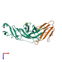 Hetero dimeric assembly 1 of PDB entry 4uy2 coloured by chemically distinct molecules, top view.