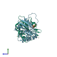 PDB entry 4v0k coloured by chain, side view.