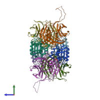 PDB entry 4v0m coloured by chain, side view.