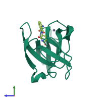 Monomeric assembly 2 of PDB entry 4v2z coloured by chemically distinct molecules, side view.