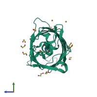 Monomeric assembly 1 of PDB entry 4w6t coloured by chemically distinct molecules, side view.