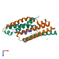 Hetero trimeric assembly 1 of PDB entry 4wfd coloured by chemically distinct molecules, top view.