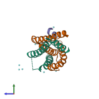 Hetero trimeric assembly 2 of PDB entry 4wfd coloured by chemically distinct molecules, side view.