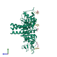 Homo trimeric assembly 1 of PDB entry 4wre coloured by chemically distinct molecules, side view.