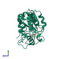 PDB entry 4ws3 coloured by chain, side view.