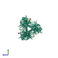 Homo trimeric assembly 1 of PDB entry 4wss coloured by chemically distinct molecules, side view.