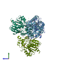 PDB entry 4x00 coloured by chain, side view.