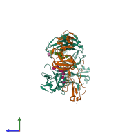 Hetero trimeric assembly 2 of PDB entry 4x4m coloured by chemically distinct molecules, side view.