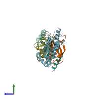 PDB entry 4x57 coloured by chain, side view.