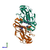 Hetero dimeric assembly 1 of PDB entry 4x99 coloured by chemically distinct molecules, side view.