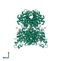 Homo dimeric assembly 1 of PDB entry 4xaq coloured by chemically distinct molecules, side view.