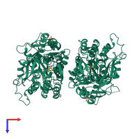 Homo dimeric assembly 1 of PDB entry 4xaq coloured by chemically distinct molecules, top view.