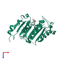 Monomeric assembly 1 of PDB entry 4xcx coloured by chemically distinct molecules, top view.