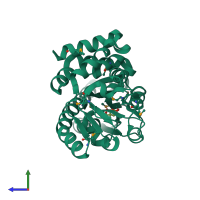 Monomeric assembly 1 of PDB entry 4xeq coloured by chemically distinct molecules, side view.