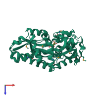 Monomeric assembly 2 of PDB entry 4xeq coloured by chemically distinct molecules, top view.
