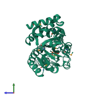 Monomeric assembly 4 of PDB entry 4xeq coloured by chemically distinct molecules, side view.