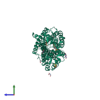 PDB entry 4xes coloured by chain, side view.
