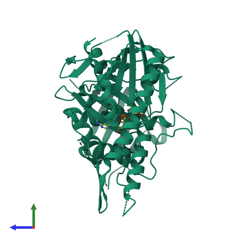 <div class='caption-body'><ul class ='image_legend_ul'> Monomeric assembly 1 of PDB entry 4xho coloured by chemically distinct molecules and viewed from the side. This assembly contains:<li class ='image_legend_li'>One copy of Uncharacterized protein</li><li class ='image_legend_li'>One copy of ADENOSINE-5'-TRIPHOSPHATE</li><li class ='image_legend_li'>One copy of MAGNESIUM ION</li></ul></div>