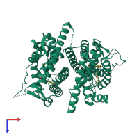Homo dimeric assembly 1 of PDB entry 4xi3 coloured by chemically distinct molecules, top view.