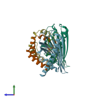 PDB entry 4xiz coloured by chain, side view.