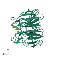 PDB entry 4xmb coloured by chain, side view.