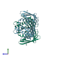 PDB entry 4xrt coloured by chain, side view.