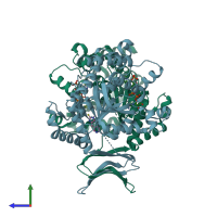 PDB entry 4xrx coloured by chain, side view.