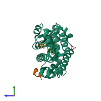 PDB entry 4xt9 coloured by chain, side view.