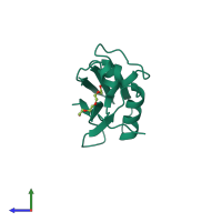 Monomeric assembly 1 of PDB entry 4xtb coloured by chemically distinct molecules, side view.