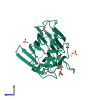 PDB entry 4xtp coloured by chain, side view.