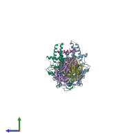 PDB entry 4xtr coloured by chain, side view.