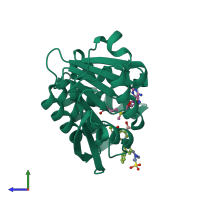 PDB entry 4xud coloured by chain, side view.