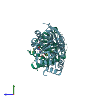 PDB entry 4xue coloured by chain, side view.