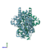 PDB entry 4xum coloured by chain, side view.