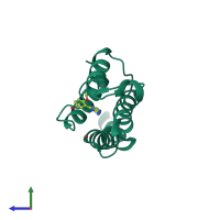 Monomeric assembly 1 of PDB entry 4xy8 coloured by chemically distinct molecules, side view.
