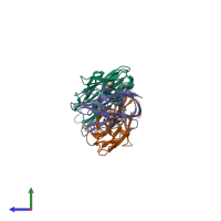 Hetero trimeric assembly 1 of PDB entry 4xzu coloured by chemically distinct molecules, side view.
